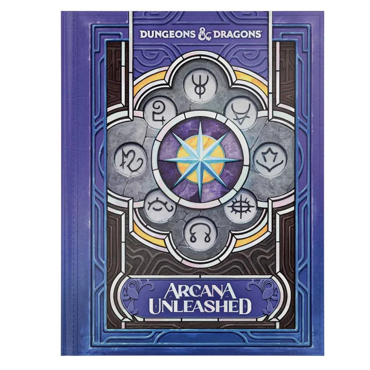 Dungeons & Dragons Arcana Unleashed boxed set or book cover shown upright on a plain white background. The cover features a purple border and a central stained-glass-style emblem with gray, blue, yellow, and purple details, plus visible Dungeons & Dragons branding and the title Arcana Unleashed.