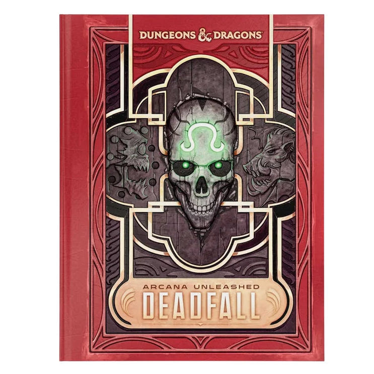 Dungeons & Dragons Arcana Unleashed Deadfall book cover, featuring a red border and a central dark skull illustration with glowing green eyes.