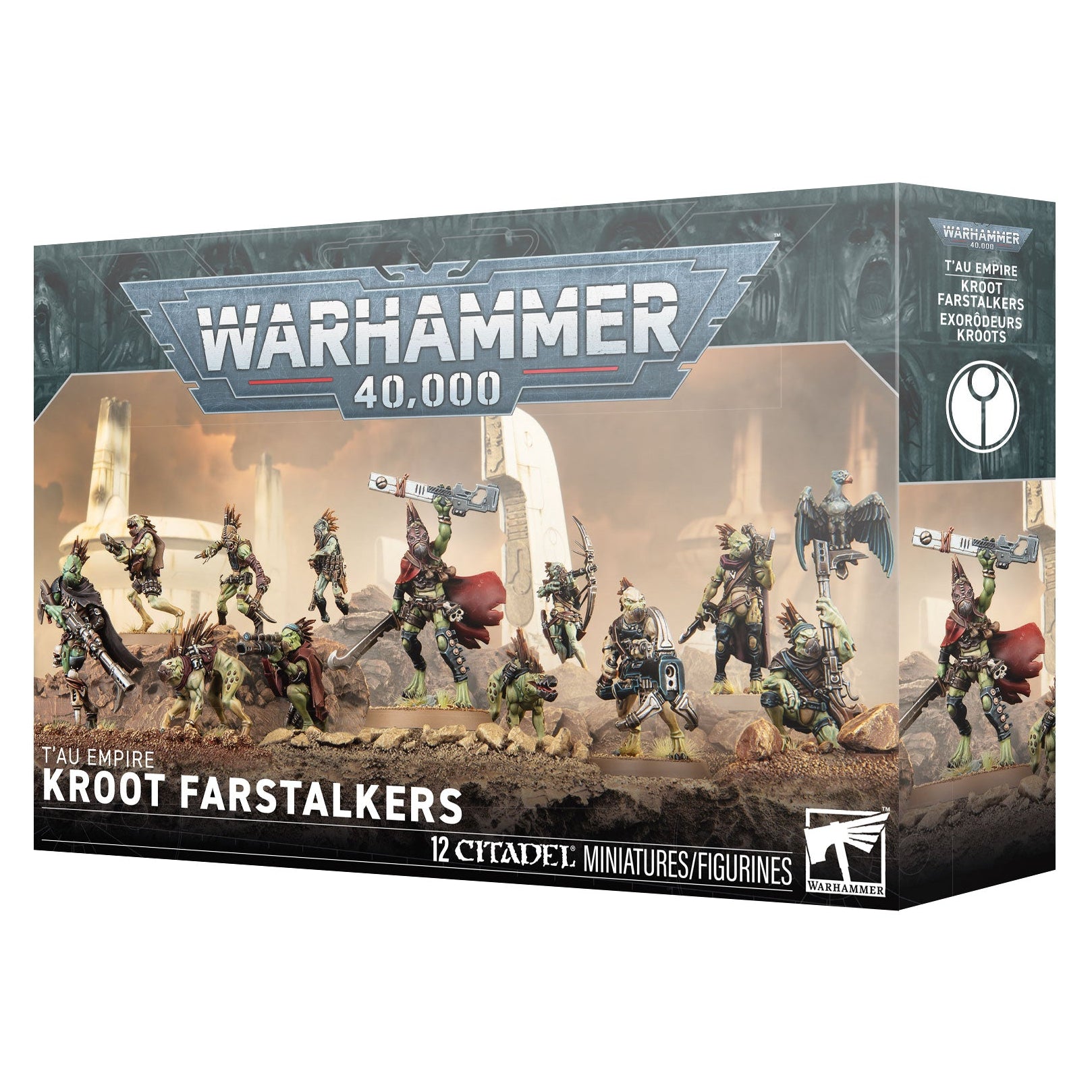 Warhammer 40,000 Kroot Farstalkers miniature figures box set, featuring 12 citizen miniatures on a dark, sci-fi themed retail box.