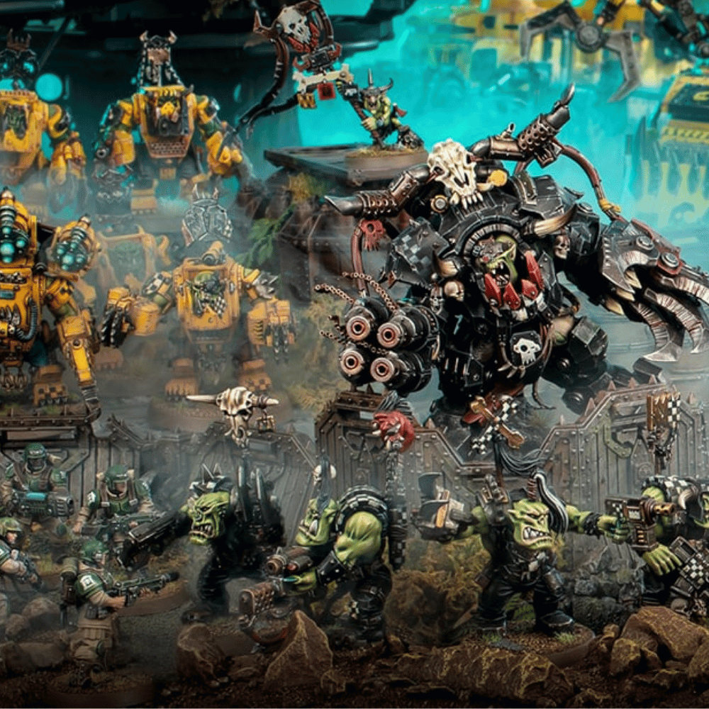 Collection of Warhammer 40K models featuring a large mechanized warrior and several soldiers.