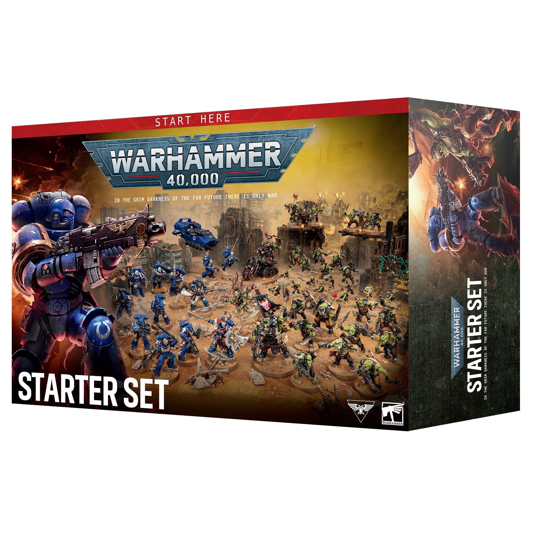 Warhammer 40,000 Starter Set box art shown at a slight angle on a plain white background. The packaging features battle-scene artwork with blue Space Marine figures, a red banner reading 'START HERE,' and large white text reading 'STARTER SET.