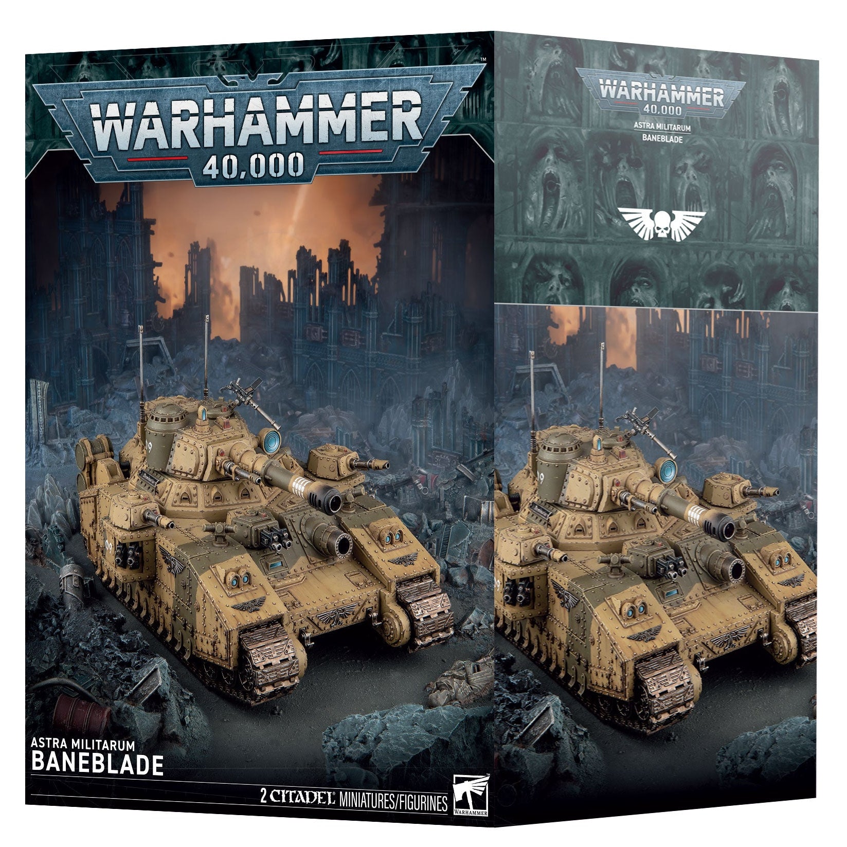 Warhammer 40,000 Astra Militarum Baneblade 20mm miniature figures box set by LCG, featuring desert-colored tanks on a dark, ruined cityscape background.