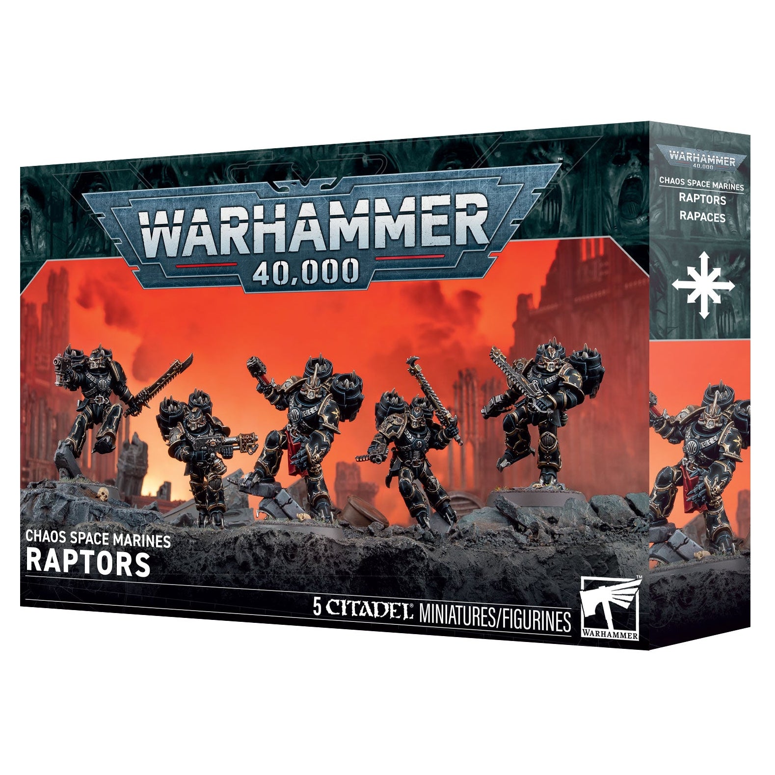 Warhammer 40,000 Grados Space Marines Raptors miniatures figure box, showing the product packaging with illustrated space marine figures and a fiery orange-red background on the box front.