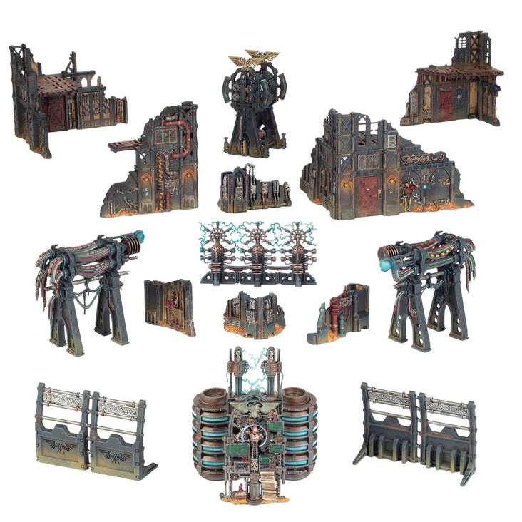 A set of miniature sci-fi terrain pieces and structures, including ruined buildings, walls, towers, and machinery, arranged on a plain white background.
