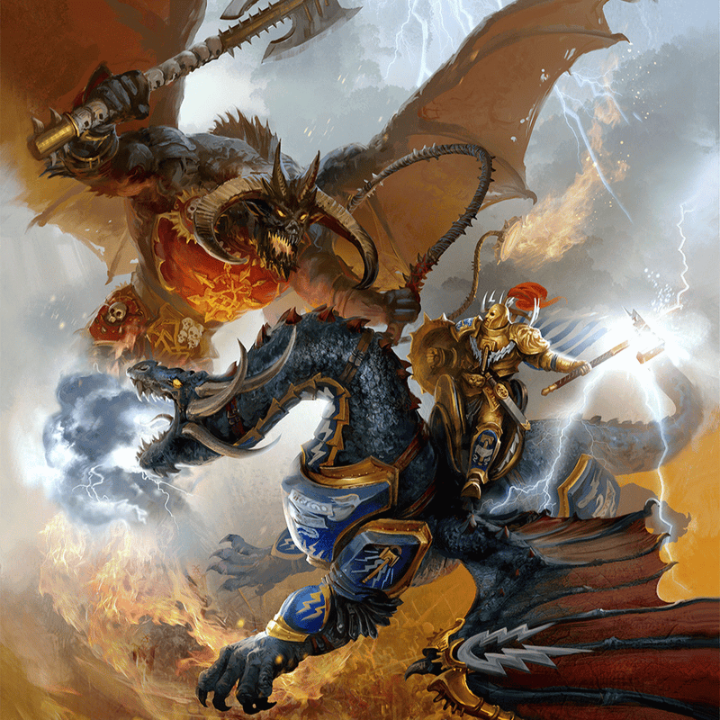 Fantasy battle artwork showing a golden-armored knight riding a dark blue dragon while fighting a large fiery red dragon in a stormy, glowing scene.