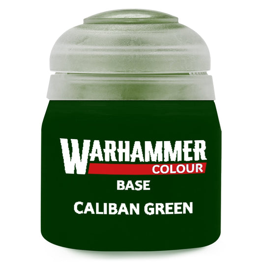 Green paint jar labeled 'Warhammer Colour Caliban Green' on a white background