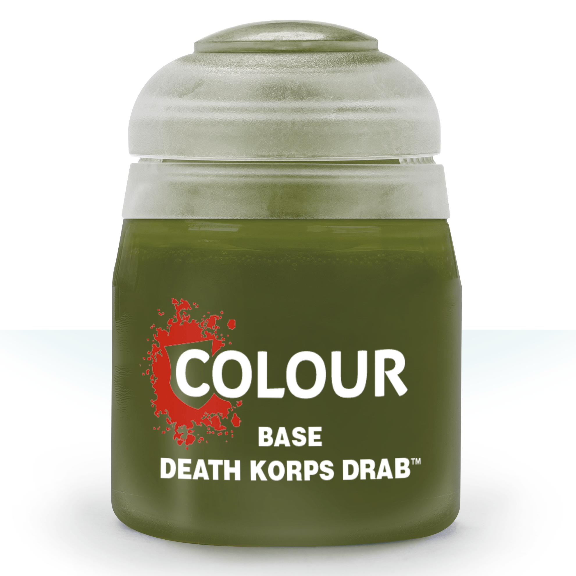 Green paint jar labeled 'Death Korps Drab' on a white background