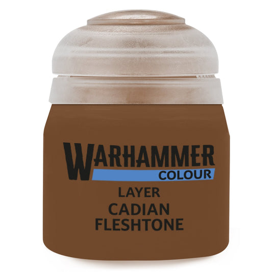 Warhammer Colour Layer Cadian Fleshtone paint jar on a white background