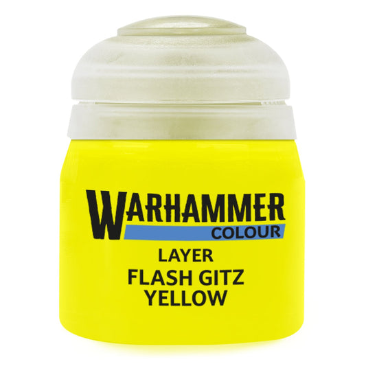 Warhammer paint can with 'Flash Gitz Yellow' label on a white background