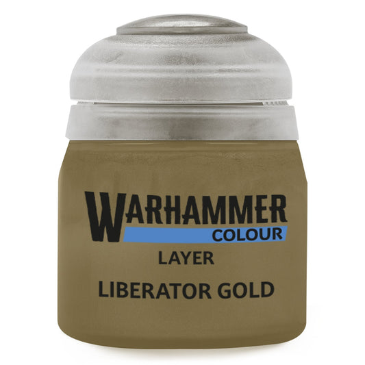 Warhammer Colour Layer Liberator Gold paint pot on a white background