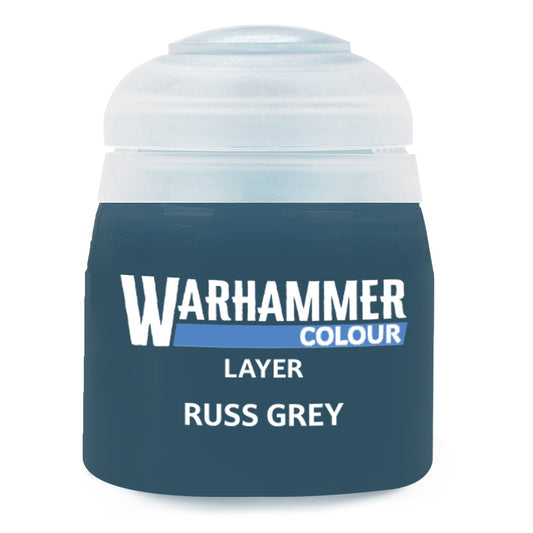 Warhammer Colour Layer Russ Grey paint jar on a white background