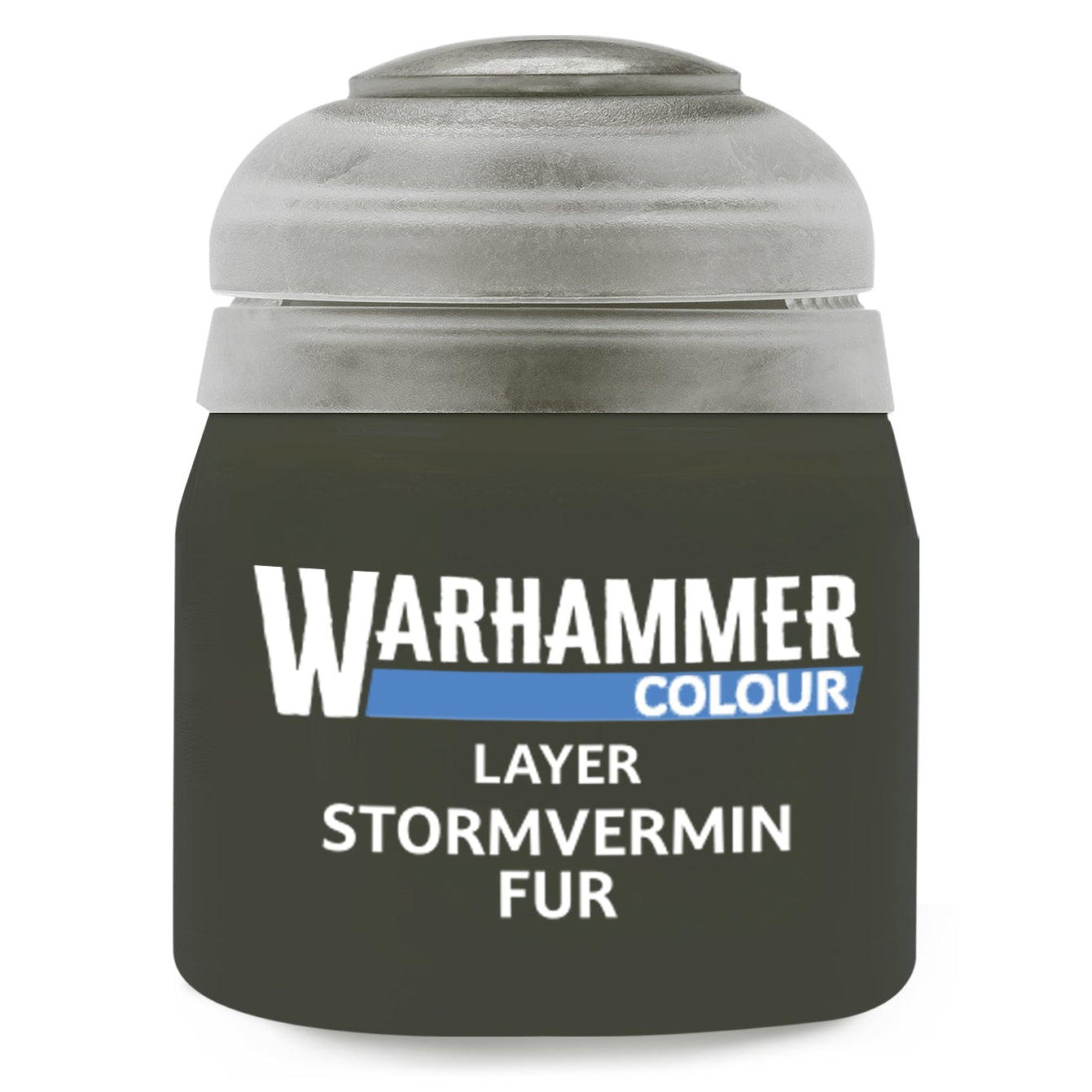 A small jar of Warhammer Colour paint with the shade name 'Layer Stormvermin Fur' printed on the front. The jar is a very dark olive green, and the cap is a textured metallic silver-gray.