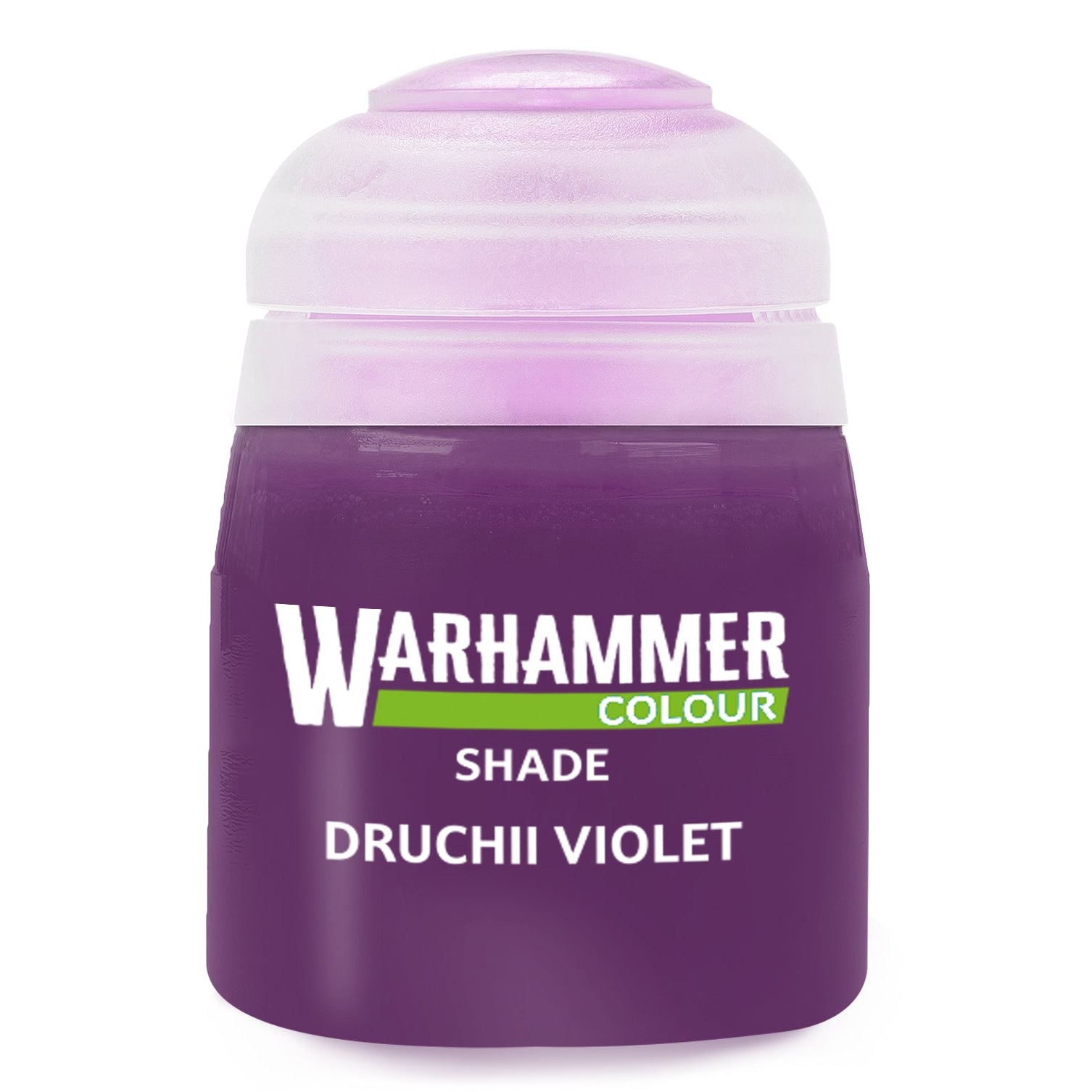 Purple paint can labeled 'Warhammer Colour Shade Druchii Violet' on a white background