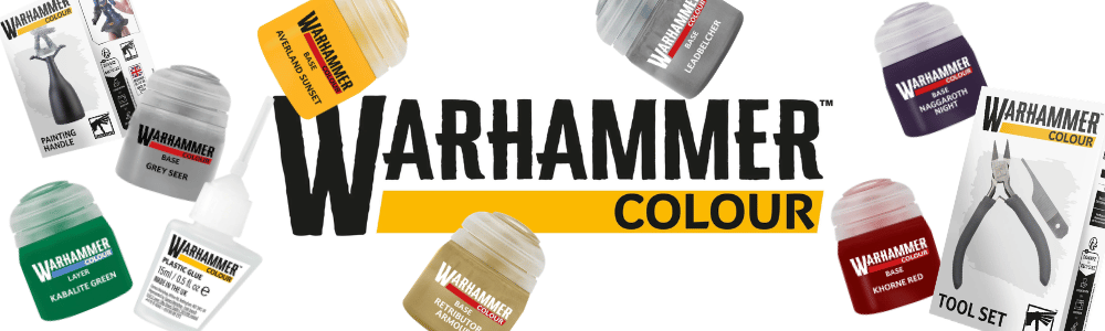 Warhammer Colour packaging with paint jars and tools on a white background