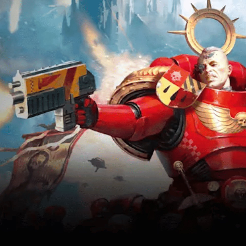 Character in red armor with a weapon, set against a fantasy background