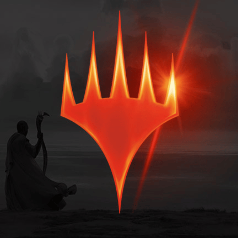 Silhouette of a person kneeling in front of a glowing, fiery symbol on a dark background