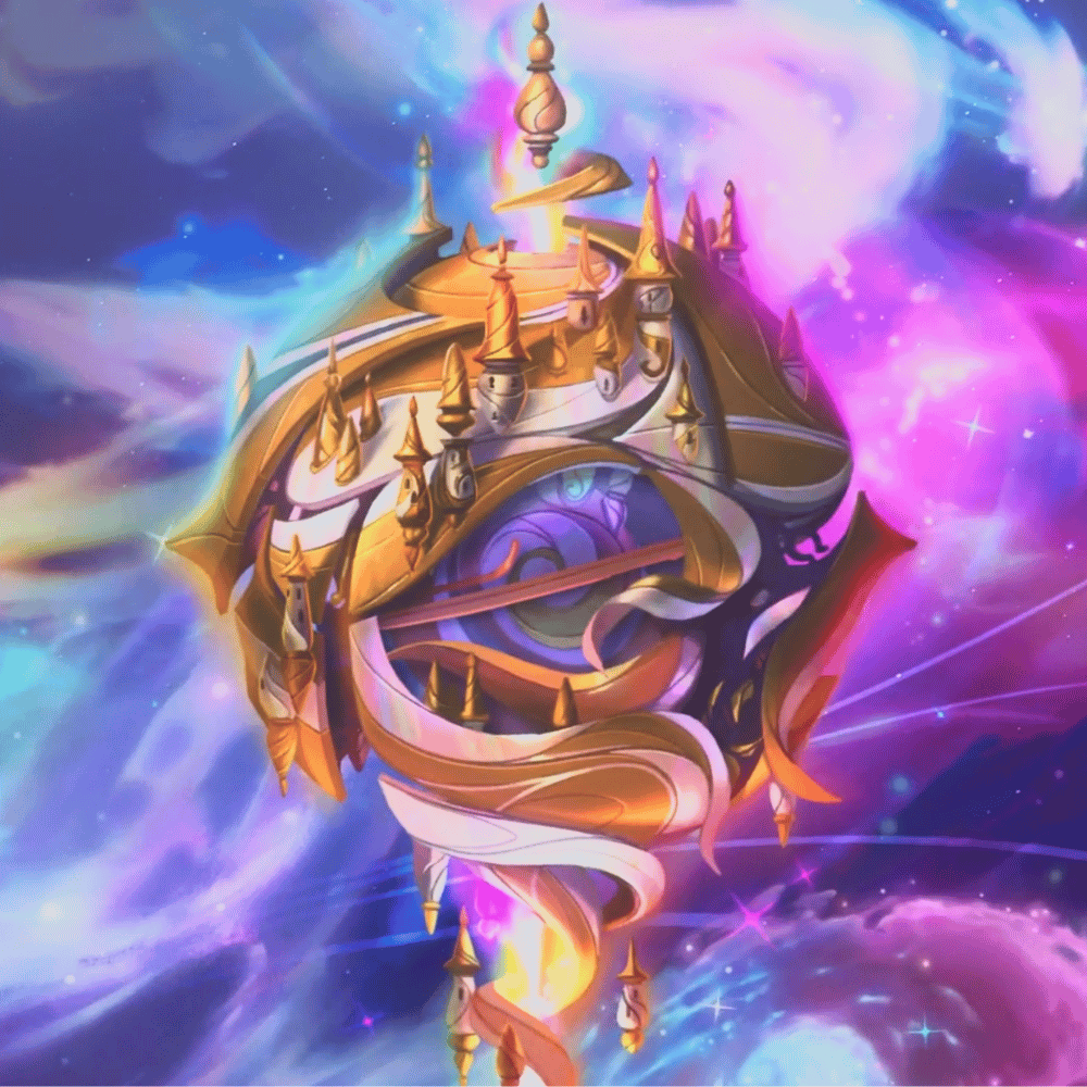 Colorful, fantasy-style emblem with intricate designs against a cosmic background