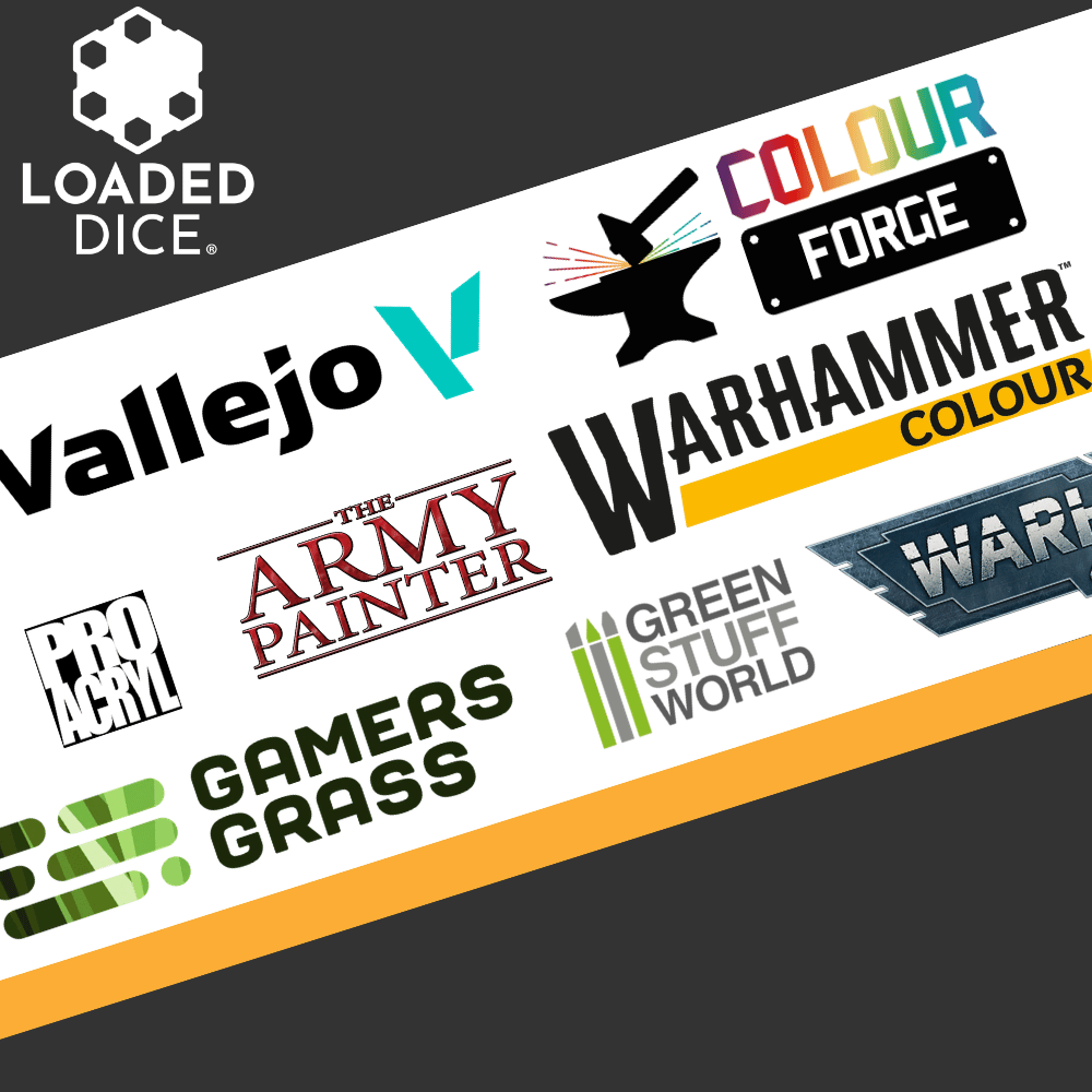 Collection of logos from various brands related to miniatures painting on a white background.