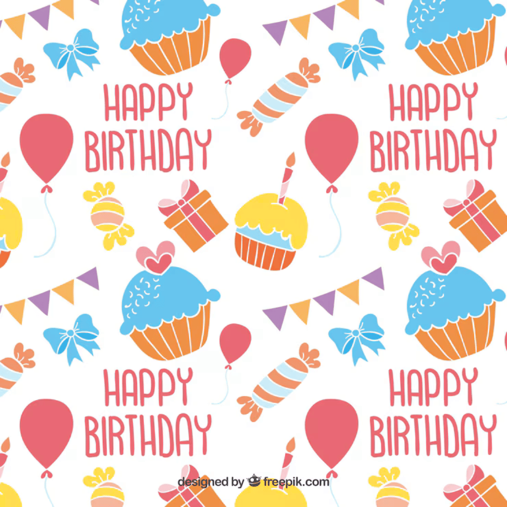 Colorful birthday pattern with text, cupcakes, balloons, and gifts on a white background.