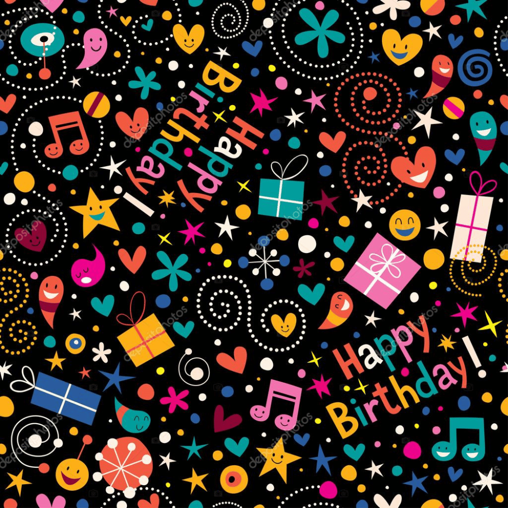 Colorful 'Happy Birthday' pattern on a black background with various celebratory symbols.
