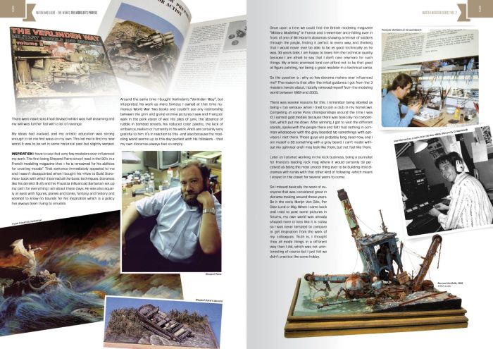 Abteilung 502 Master Modeller Series Vol. 2 page spread of Jean-Bernard André's biography and dioramas