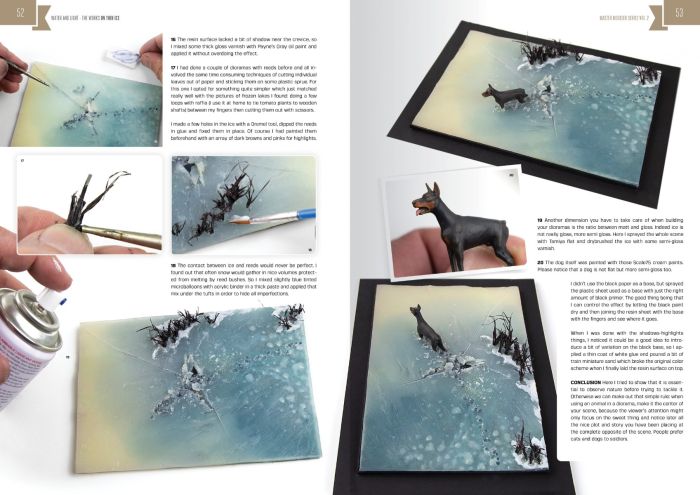 Abteilung 502 Master Modeller Vol. 2 pages on painting icy water, with a dog figure wading in a diorama