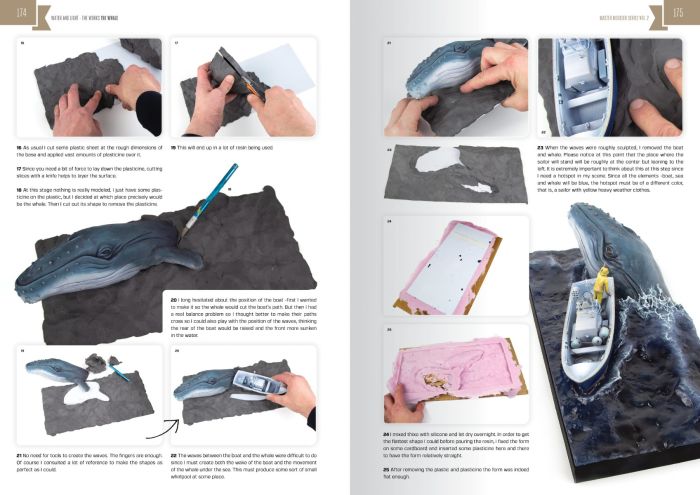 Master Modeller Vol. 2 pages showing a whale sculpt and small boat built up step by step for a sea diorama