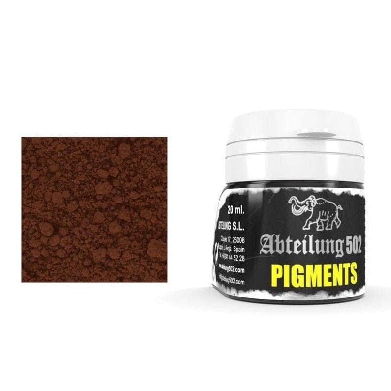 Abteilung 502 Railroad Pigments Set jar shown with a swatch of rust-brown weathering powder
