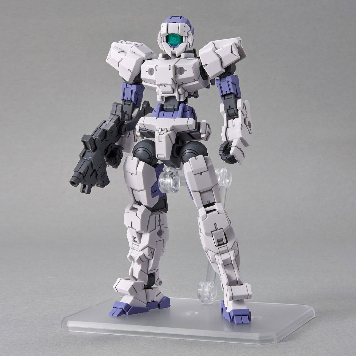 Bandai Action Base 6 Clear supporting a white and purple 1/144 robot model kit