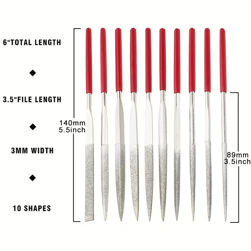 Essentials hobby file set size guide: 140mm total length, 89mm file length, 3mm width, 10 shapes