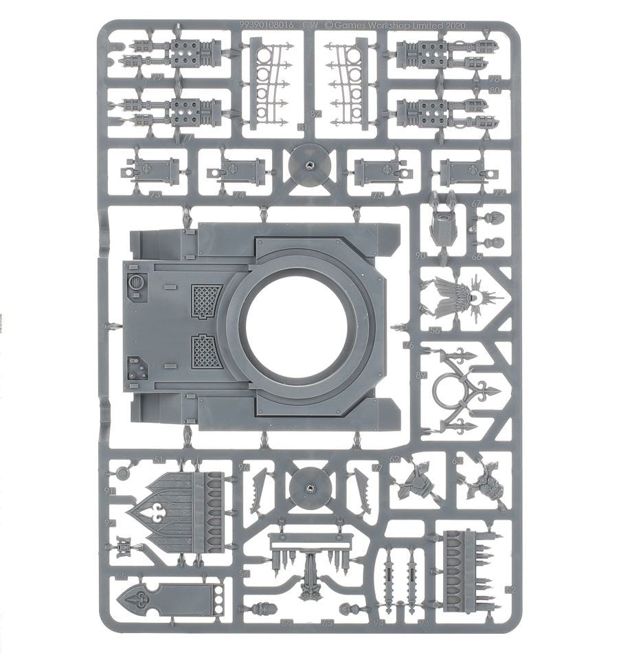 Adepta Sororitas Immolator unpainted plastic sprue, frame 2 of 3, with top hull and shrine parts