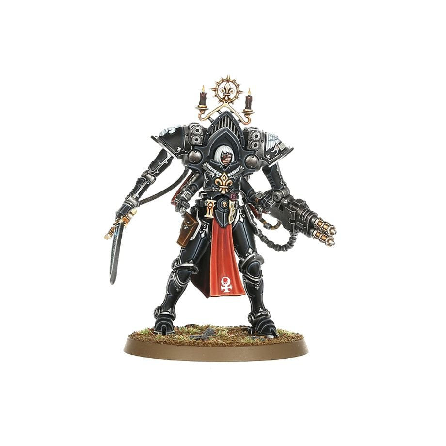 Painted Paragon Warsuit with multi-melta and heavy weapon, front view