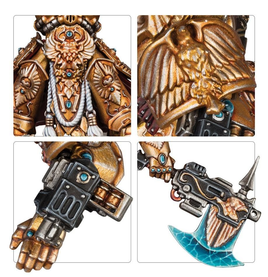 Close-ups of Allarus Custodian gold armour, wrist grenade launcher and castellan axe blade