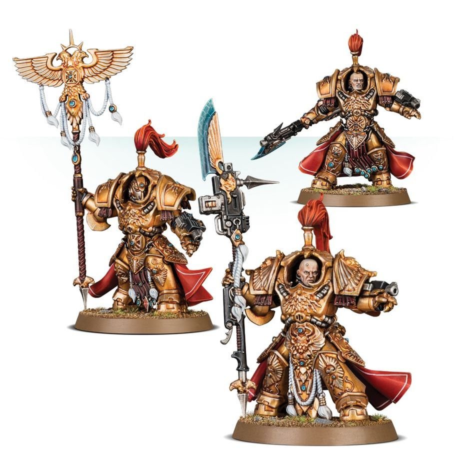 Painted Allarus Custodians built as Vexilus Praetor with banner and Shield-Captain options