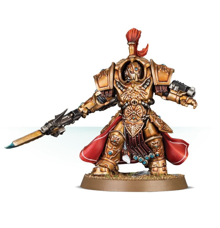 Painted Allarus Custodian in plumed helmet lunging with guardian spear