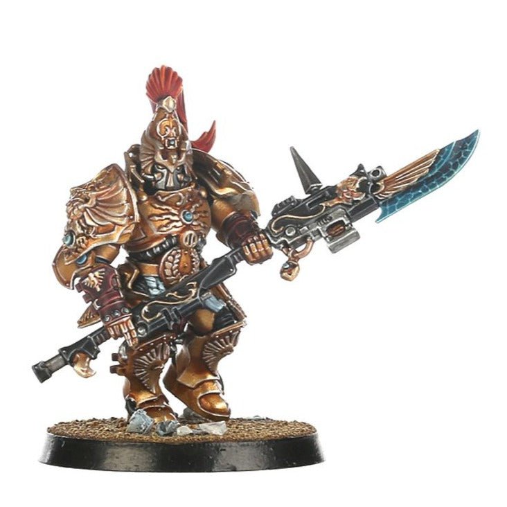 Painted Custodian Guard with red-crested helmet holding a guardian spear with a blue blade