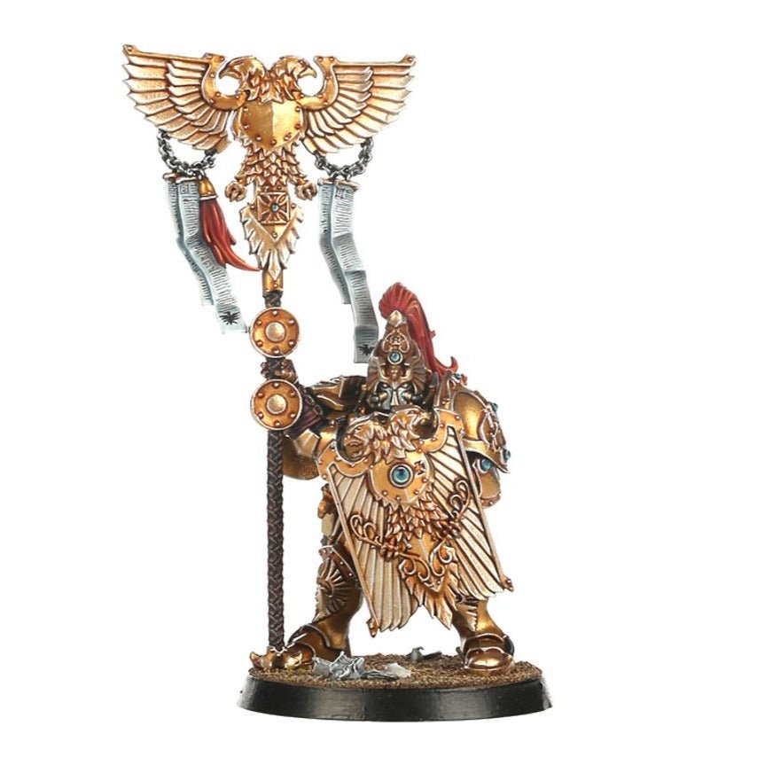 Painted Custodian Guard Vexilus Praetor carrying a winged Custodes Vexilla banner
