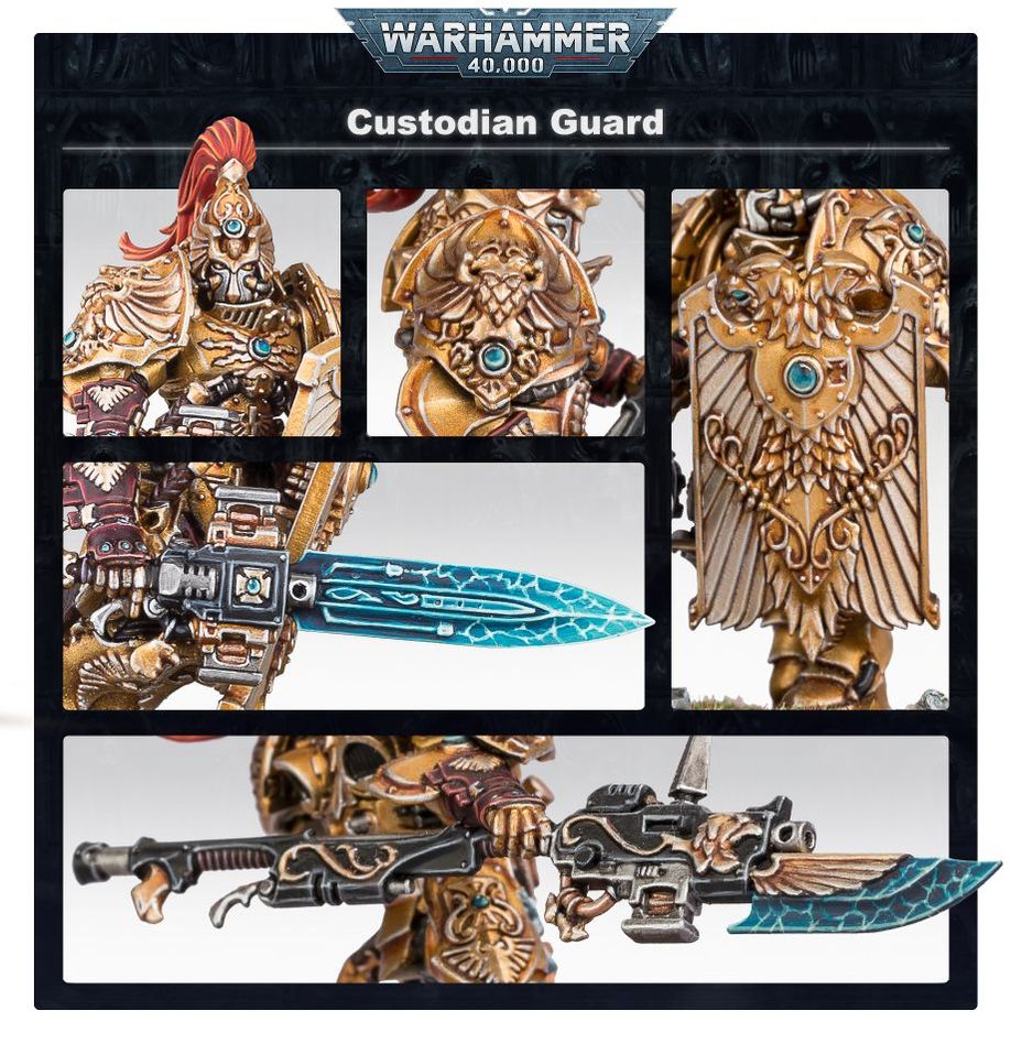 Custodian Guard detail panel with close-ups of the crested helm, storm shield, blade and spear