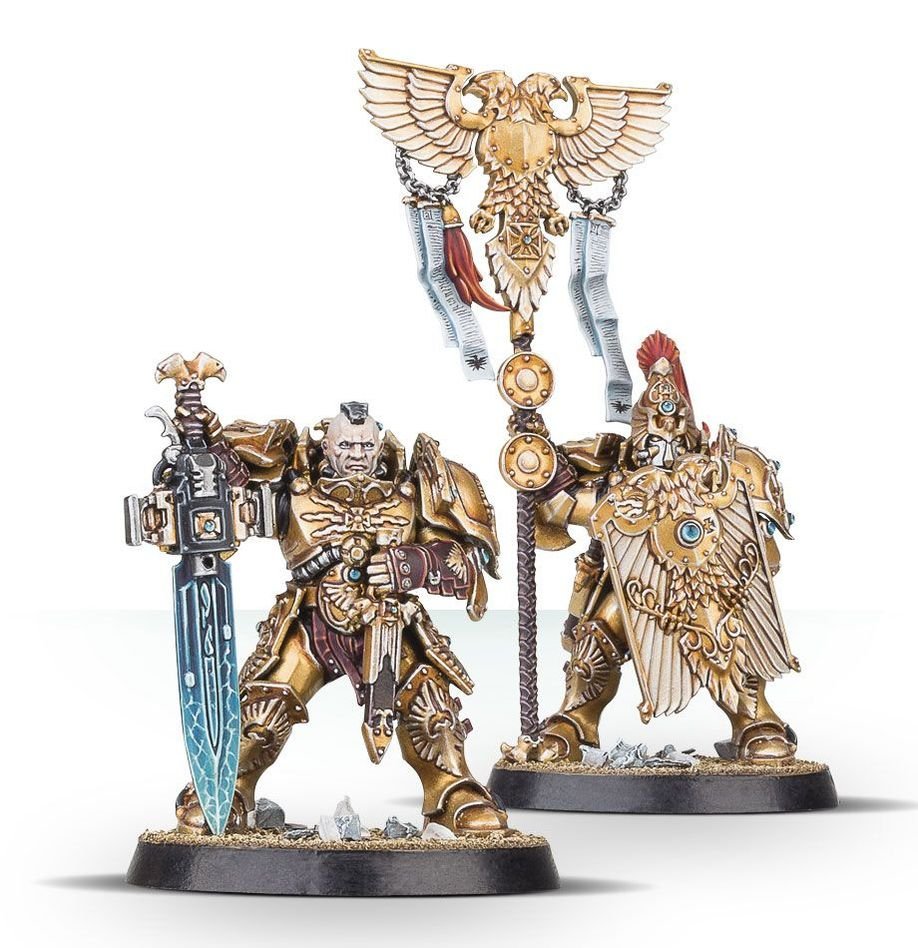 Painted Custodian Guard Shield-Captain with sentinel blade beside a Vexilus Praetor