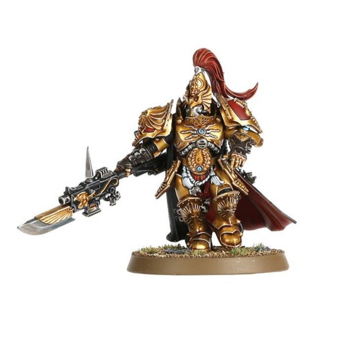 Painted Custodian Guard with red plume and cloak levelling a guardian spear