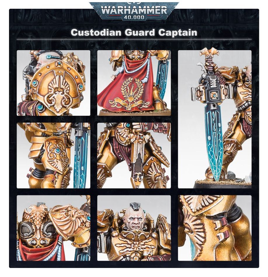 Custodian Guard Captain detail panel with close-ups of the head, cloak, shield and blade
