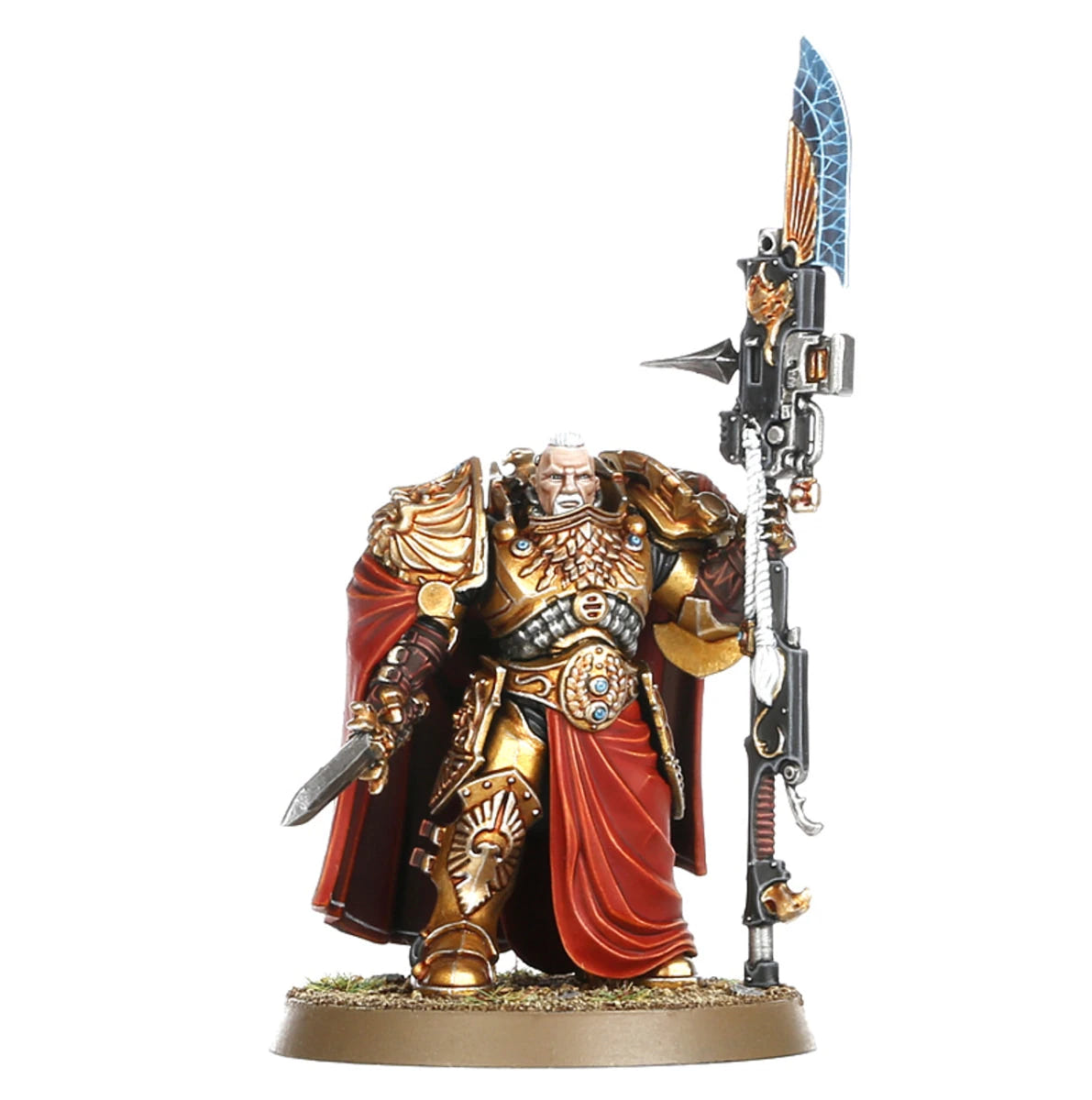 Painted bare-headed Custodian Warden Shield-Captain in gold armour with spear and dagger