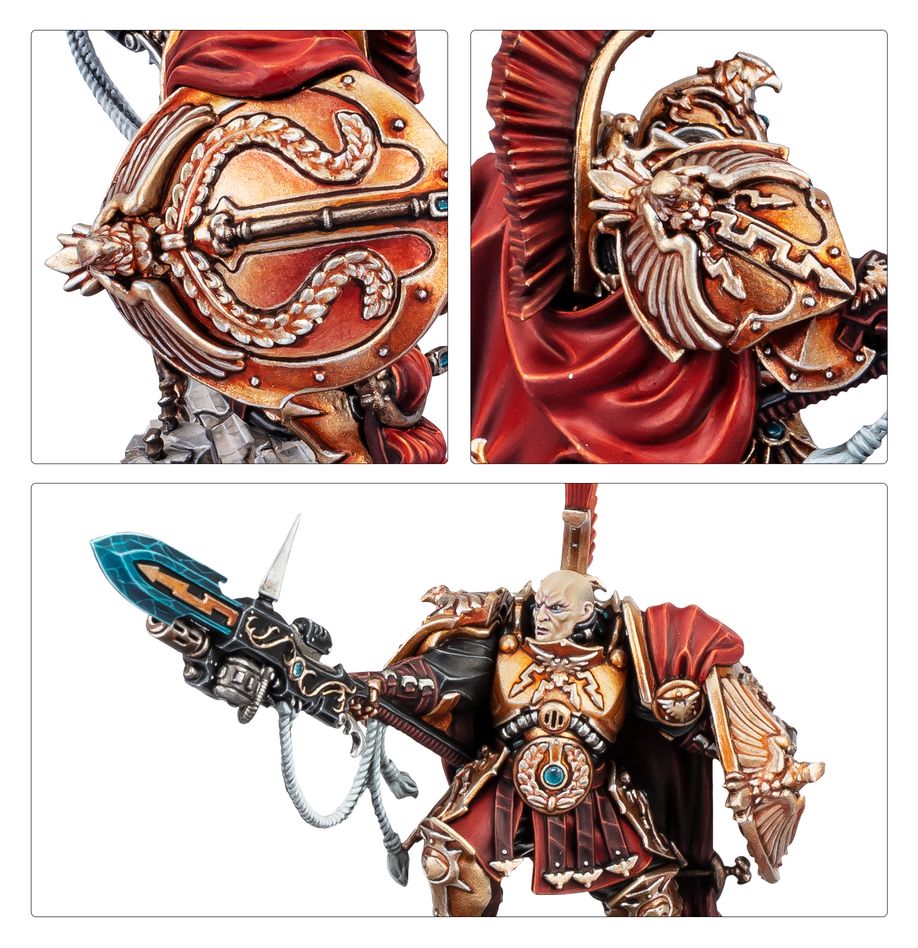 Close-ups of the painted Custodes Shield-Captain: eagle Praesidium Shield, crest and spear