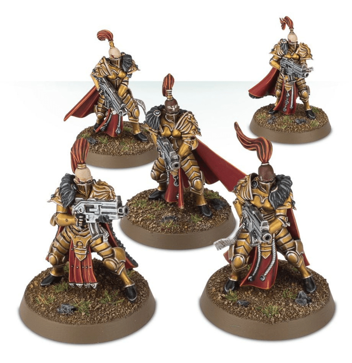 Five painted Sisters of Silence armed with boltguns, gold armour and red cloaks