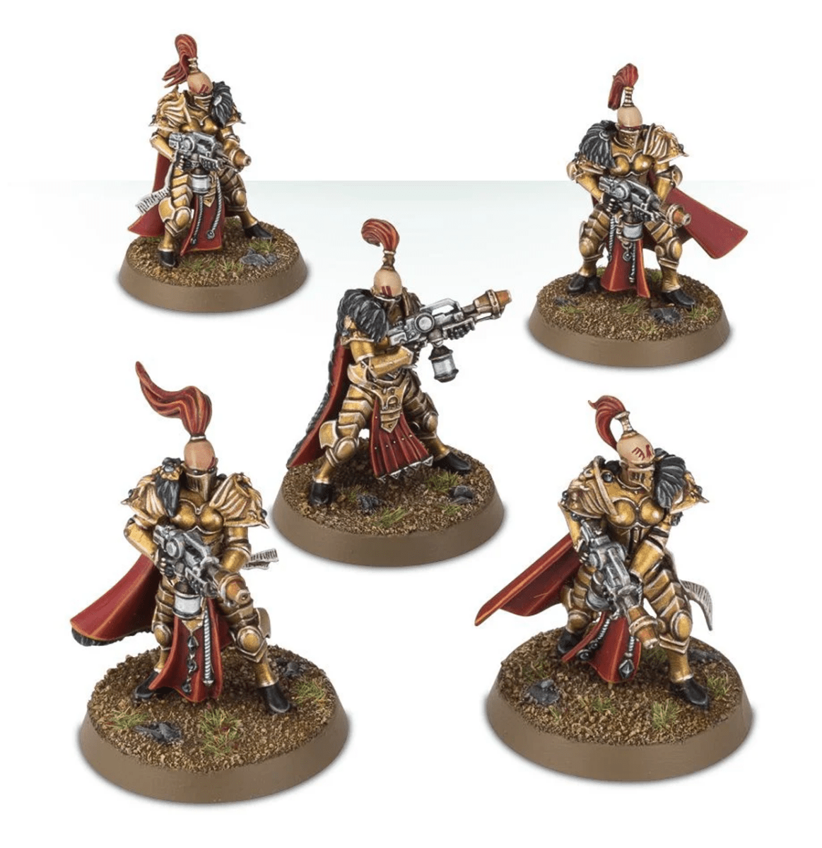 Five painted Sisters of Silence built with flamers, in gold armour and plumed helmets