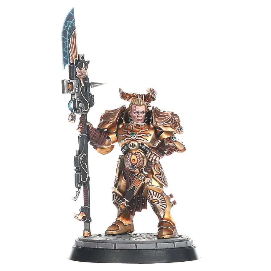Painted Adeptus Custodes Shield-Captain Valerian in gold armour holding the guardian spear Gnosis