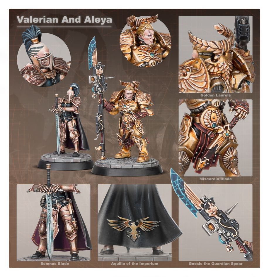 Valerian and Aleya detail sheet with close-ups of Valerian's face, armour, spear and Aleya's blade