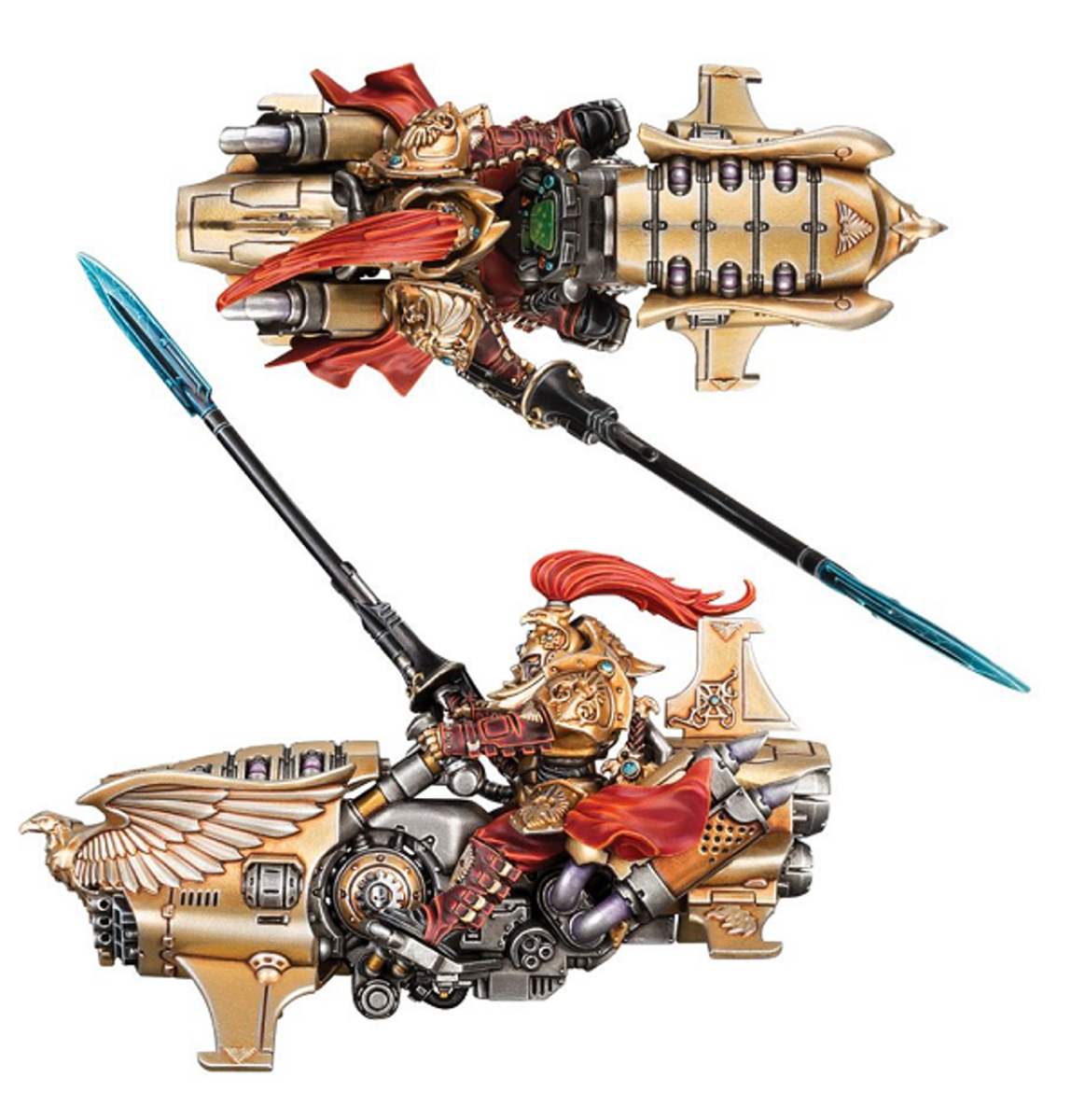 Two Vertus Praetors on golden jetbikes seen from above and side, lances levelled
