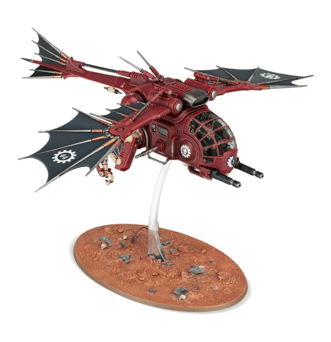 Painted Adeptus Mechanicus Archaeopter, rear three-quarter view on flight stand