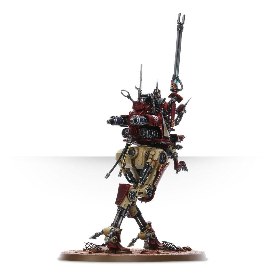 Painted Sydonian Dragoon in red and bone seen from the side, lance pointing up